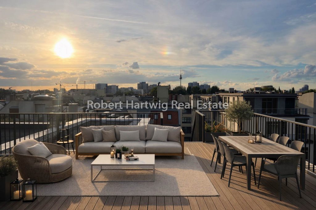 Dachterrasse mit Weitblick ueber Berlin im Abendlicht